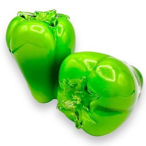 X2 Vintage Hand Blown Art Glass Green Pepper Kitchen Decor Vegetable Kitsch